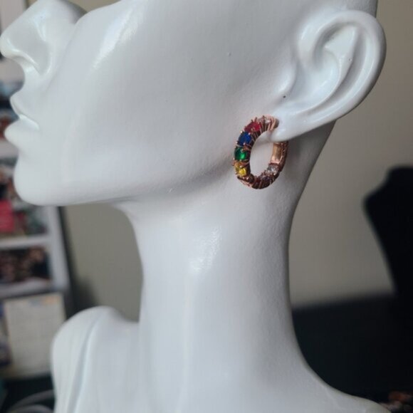 Gorgeous Vintage Rose Gold Rainbow Gemstone Crystal Hoop Earrings Multicolour - Picture 6 of 12